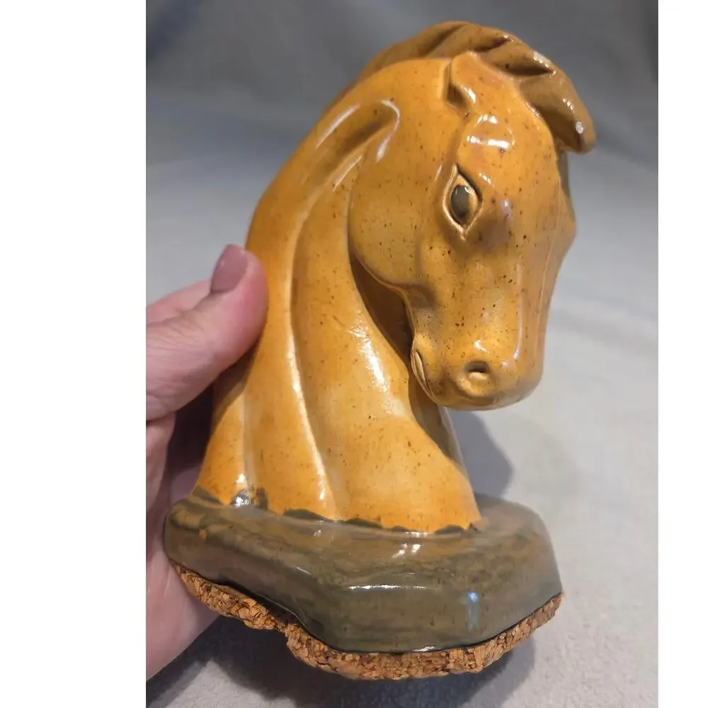 Vtg Pair Horse Head Ceramic Bookends Trojan Art Deco Cork Bottom